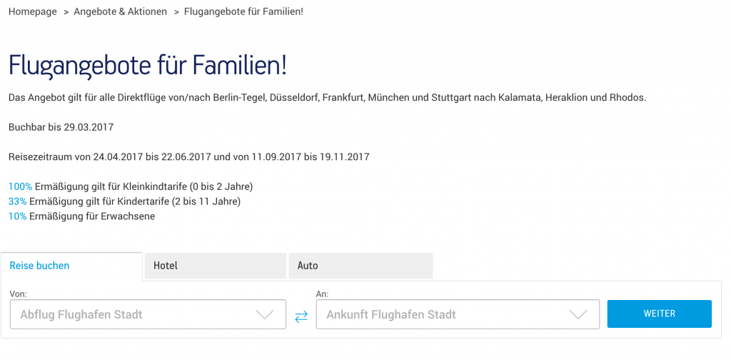 Screenshot Familien-Aktion Aegean Airlines